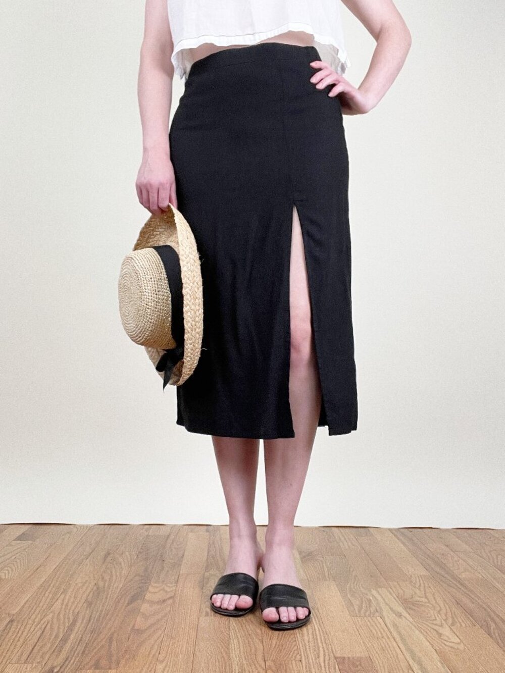 Vintage Linen Midi Skirt Front Slit High Rise Waisted Minimalist Timeless 90s Y2